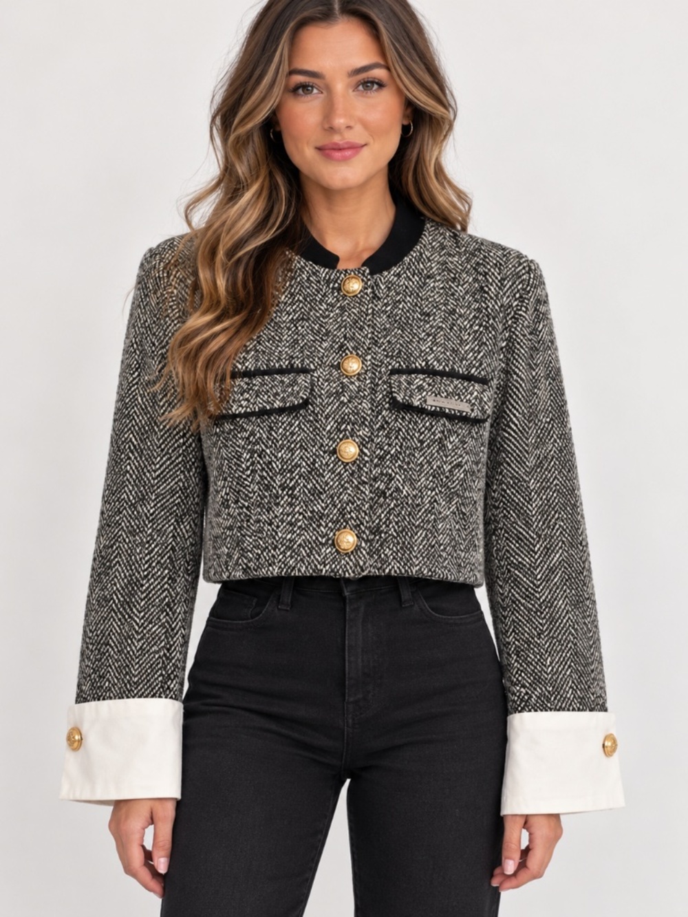 INFIEDITION Cropped Herringbone Tweed Jacket Gold Buttons L